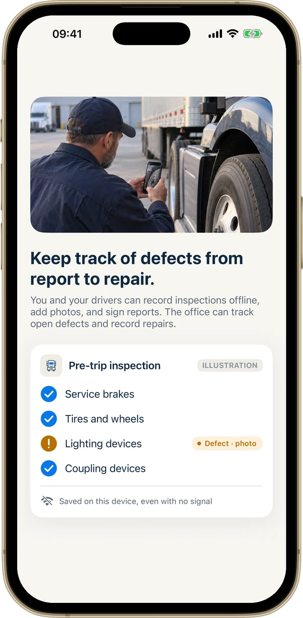 An app screen about inspections: a pre-trip checklist with one lighting defect and a photo, saved on the device even with no signal.